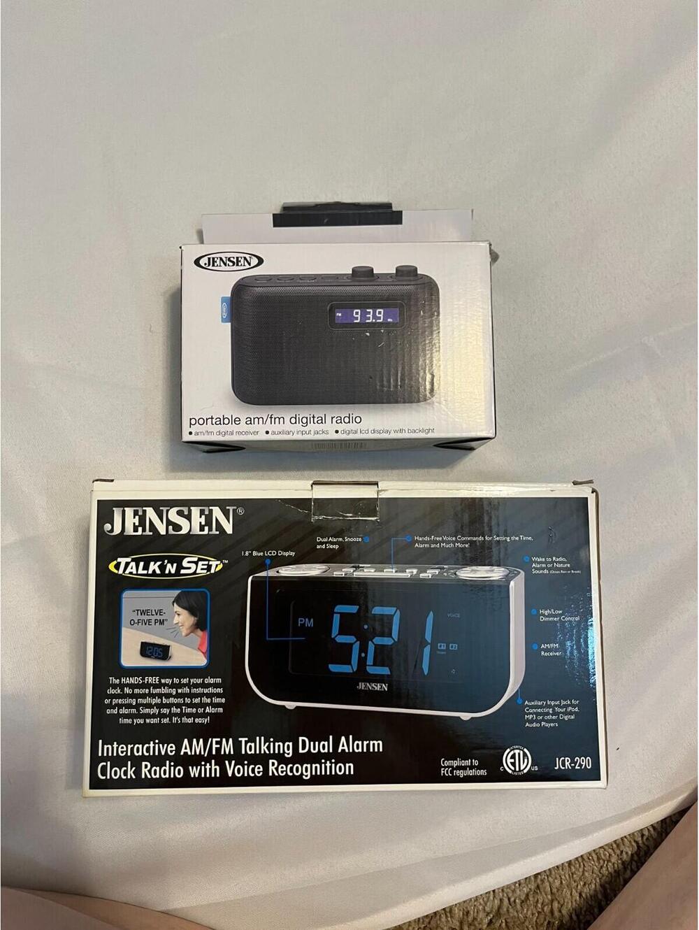 Lot of 2 Jensen SR-50 Portable AM/FM Digital Radio & JCR-290 Talking Alarm Clock
